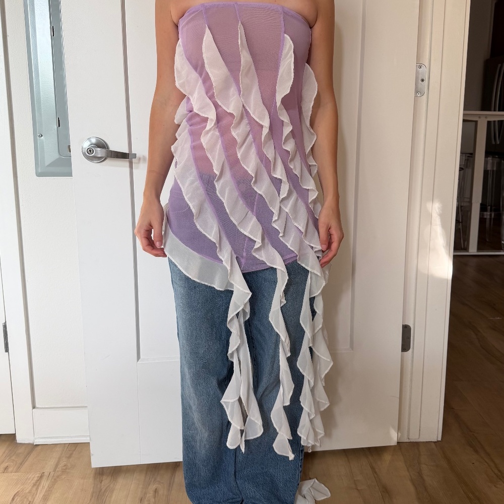 Purple + White Mesh Asymmetrical Strapless Top